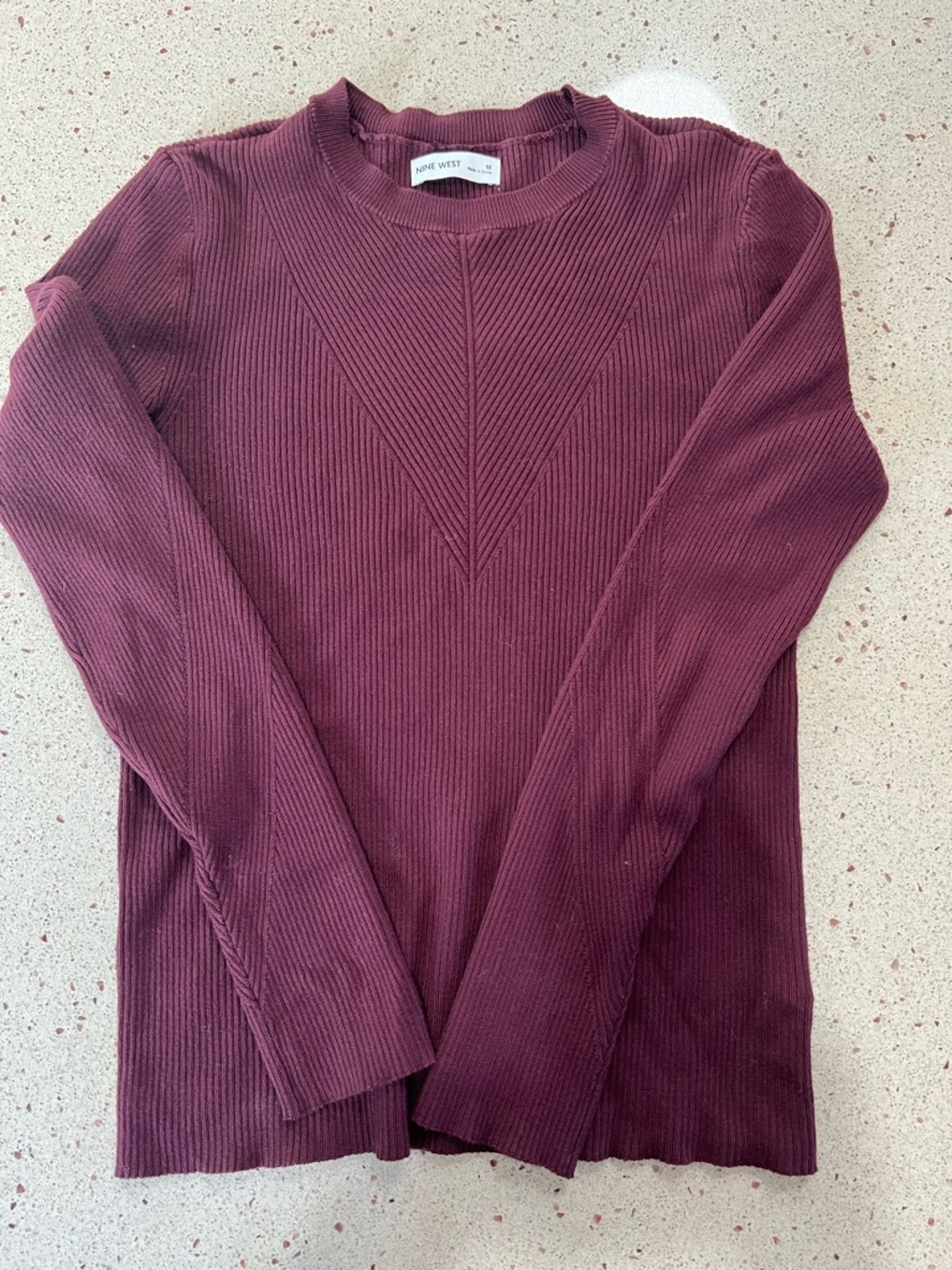 Nine West Ribbed Long Sleeve Tee in Burgundy